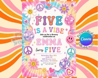 Invito di compleanno Five Is A Vibe / Invito di compleanno groovy tie-dye / Invito per festa di compleanno retrò pastello per ragazza / Canva modificabile