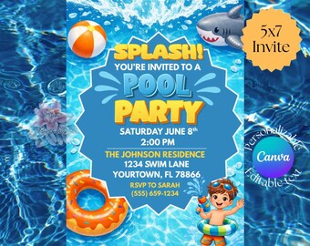 Modello di invito per festa di compleanno in piscina / Invito Canva modificabile / Festa estiva per ragazzi / Download digitale