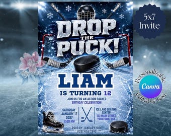 Invito di compleanno a tema hockey, Invito di compleanno "Drop the Puck", Invito per festa di hockey modificabile, Invito di compleanno per ragazzo