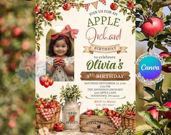 Invito di compleanno al frutteto di mele, invito per una festa di raccolta delle mele, invito di compleanno autunnale, modello modificabile, invito con foto