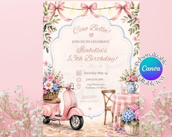 Invito di compleanno Ciao Bella, invito di compleanno italiano, festa con Vespa rosa, compleanno La Dolce Vita, invito digitale per un caffè italiano in stile femminile