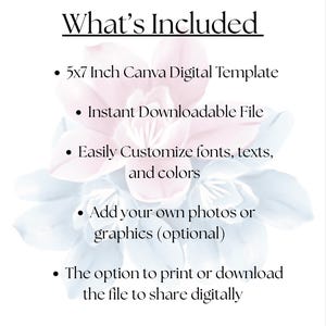 May include: A digital template with the text "What's Included" at the top. The bullet points describe a 5x7 inch Canva digital template, an instant downloadable file, customizable fonts, and the option to add photos or graphics.
