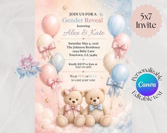 Invito per la rivelazione del sesso del bambino con orsacchiotto / Invito per baby shower rosa e blu / Palloncini con orsacchiotto civettuolo / Canva modificabile 5x7