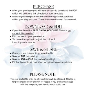 May include: A digital file titled "How It Works" with instructions for purchasing, downloading, editing, and saving a template. The text is in black, with a floral background. The file is for personal use only.