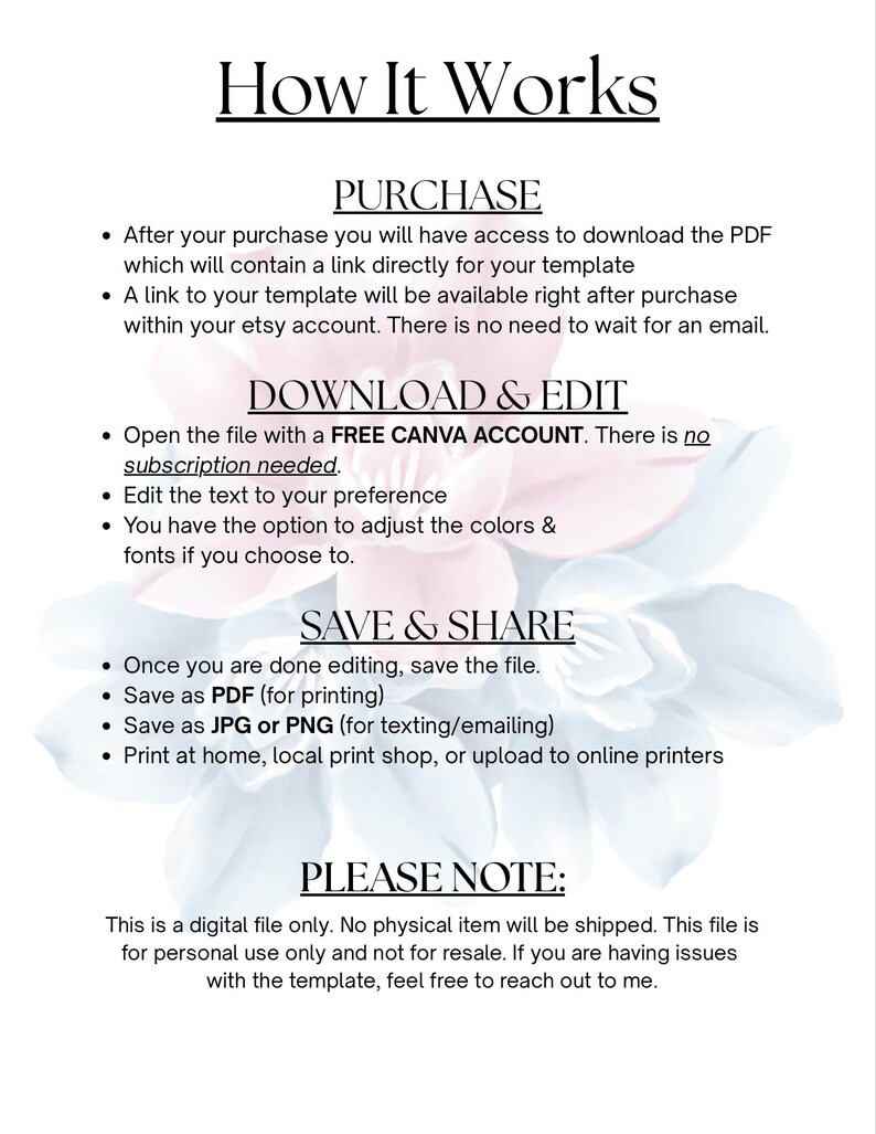May include: A digital file titled "How It Works" with instructions for purchasing, downloading, editing, and saving a template. The text is in black, with a floral background. The file is for personal use only.