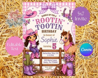 Invito di compleanno da cowgirl rosa e viola, invito di compleanno western femminile, invito per festa a tema rodeo, modello modificabile