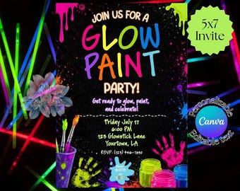 Invito di compleanno per festa con vernice fluorescente / Invito per festa al neon / Invito di compleanno con schizzi di vernice modificabile / Modello Canva