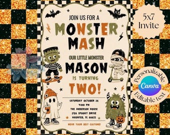 Invito di compleanno a tema mostri, invito di compleanno di Halloween modificabile, invito per festa di mostri in stile retrò, compleanno spettrale e carino per bambino