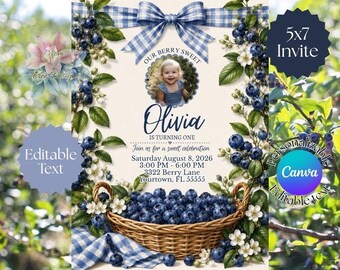 Invito di compleanno a tema frutti di bosco / Invito di compleanno ai mirtilli / Invito fotografico modificabile su Canva / Festa a tema frutti di bosco a quadretti blu