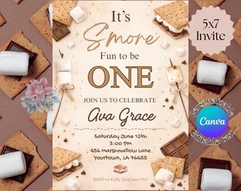 Invito di compleanno "S'mores Fun to Be One" / Invito neutro per il primo compleanno / Primo compleanno a tema S'mores, modello Canva modificabile
