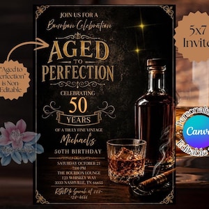 May include: An invitation for a Bourbon Celebration, featuring the text "Aged to Perfection" and celebrating 50 years. The design includes a bottle of bourbon, a glass of whiskey, and a cigar. The invitation is 5x7 inches.