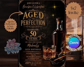 Invito di compleanno a tema Bourbon, Invito "Invecchiato alla perfezione", Invito per festa a tema whisky, Invito per il 50° compleanno da uomo, Invito modificabile