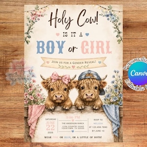 Highland Cow Gender Reveal Invitation Template, Highland Cow Baby Reveal Invite, Editable Rustic Gender Reveal, Boy or Girl Reveal