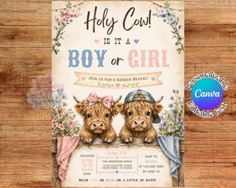Invito per la rivelazione del sesso del bambino a tema mucca delle Highlands, Invito per la rivelazione del sesso del bambino a tema mucca delle Highlands, Invito rustico modificabile per la rivelazione del sesso, Rivelazione del sesso maschio o femmina