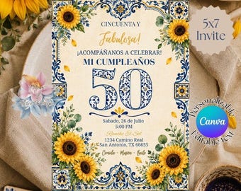 Invito di compleanno Talavera / Invito di compleanno floreale messicano / Compleanno con girasoli / Modello Canva modificabile / Compleanno importante