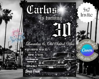 Modello di invito di compleanno Lowrider / Invito per festa a tema auto cromata, 30° compleanno modificabile, invito di compleanno per uomo