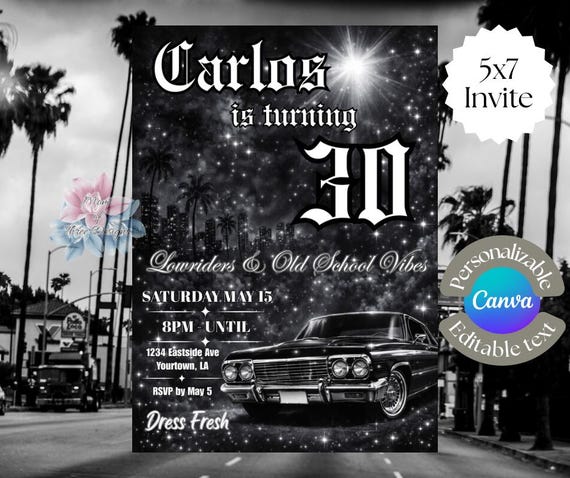 Lowrider Birthday Invitation Template | Chrome Car Theme Party Invite, Editable 30th Birthday, Men’s Birthday Invite