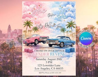 Invito per la rivelazione del sesso del bambino in stile Lowrider / Lei o Lui, andiamo a vedere / Invito per la rivelazione del sesso del bambino rosa e blu / Modello Canva modificabile
