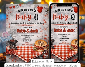 Modello di invito per baby shower Baby Q/Invito per baby shower BBQ/Baby-Q con barbecue in giardino/Baby shower Red Black/Download digitale modificabile