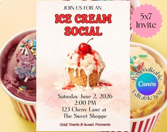 Invito per una festa a tema gelato / Invito modificabile su Canva / Invito per una festa estiva