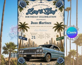 Invito di compleanno Lowrider, invito per festa a tema auto per adulti, invito di compleanno Chicano, invito modificabile su Canva, download digitale