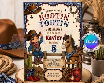 Invito di compleanno a tema cowboy, invito di compleanno western rosso e blu, festa di compleanno "Rootin' Tootin'", invito per il rodeo del piccolo cowboy, modello modificabile