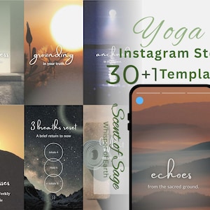 May include: A collection of digital graphic templates for social media stories featuring yoga-themed imagery, serene landscapes, and silhouettes. The text includes Yoga Instagram Story 30+1 Templates, stillness, grounding, 3 breaths reset, and echoes.