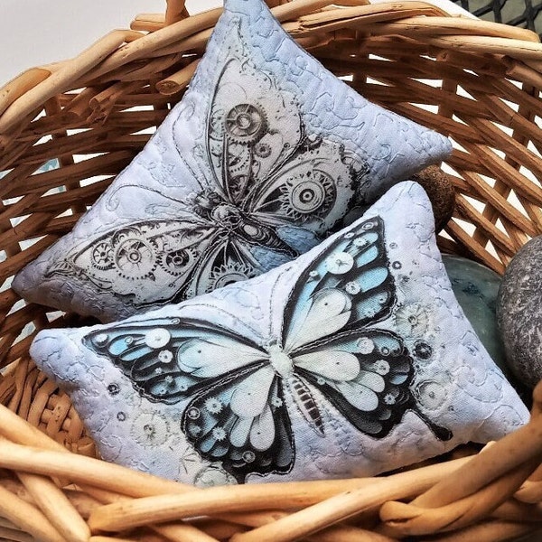 Steampunk butterfly little pillows, dollhouse, quilted, miniature