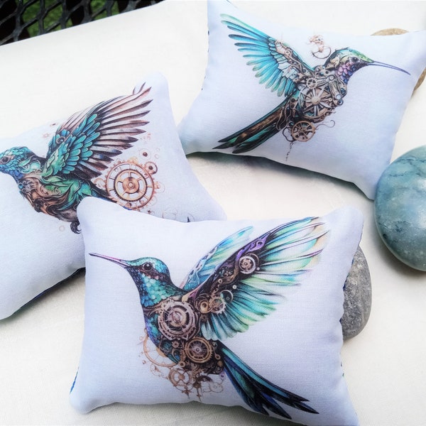 Mini Steampunk Hummingbird Pillows, set of three, AI Art