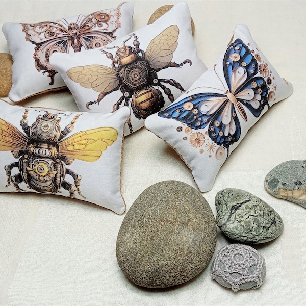 Mini Pillows with Steampunk Bugs and Butterflies, set of four