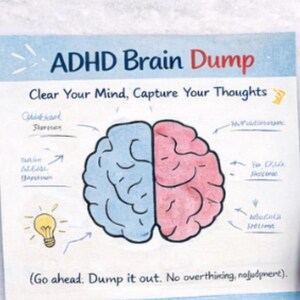 May include: A notepad with the text "ADHD Brain Dump" and a diagram of a brain split into blue and pink halves. The text "Clear Your Mind, Capture Your Thoughts" is above the brain illustration. A yellow pencil and pink pen are on the sides.