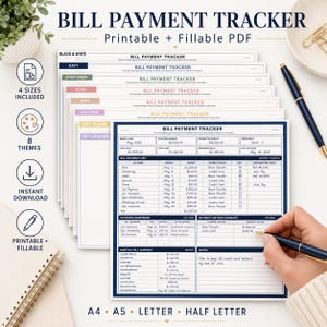 Pode incluir: Um conjunto de modelos imprimíveis de rastreamento de pagamento de contas em várias cores, incluindo preto e branco, azul marinho e rosa. O design inclui seções para rastrear contas, datas de vencimento e métodos de pagamento. Uma caneta e um bloco de notas também são visíveis.