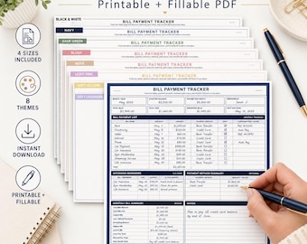 May include: A stack of printable bill payment trackers in various colors, including black and white, navy, and blush. The design includes sections for tracking bills, due dates, and payment methods. The image also shows a pen and a notepad.