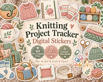 May include: A collection of digital stickers featuring knitting-themed illustrations including yarn bowls, sweaters, notebooks, mittens, yarn shelves, rocking chairs, socks, baskets, scissors, stitch markers, hats, measuring tapes, and candles with the text Knitting Project Tracker.