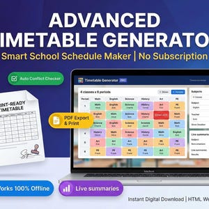 May include: A laptop screen showing a timetable generator interface with a schedule grid. The image includes the text "ADVANCED TIMETABLE GENERATOR" and features a PDF export option and an auto-conflict checker.