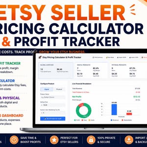 May include: An Etsy Seller Pricing Calculator & Profit Tracker graphic. The image shows a laptop and smartphone displaying the calculator interface. The design includes icons for live profit tracking, fee calculation, and digital/physical product management. The text reads "Calculate Costs. Track Profit. Grow Your Etsy Business."