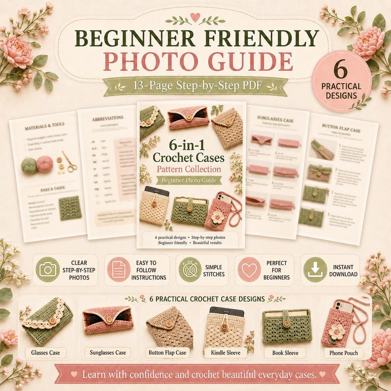 Beginner friendly crochet cases photo guide PDF with 13 step-by-step pages, simple stitches, clear photos, and six practical crochet designs.