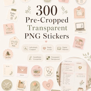 300 pre-cropped transparent PNG stickers for digital planners, journals, GoodNotes, and everyday organization.