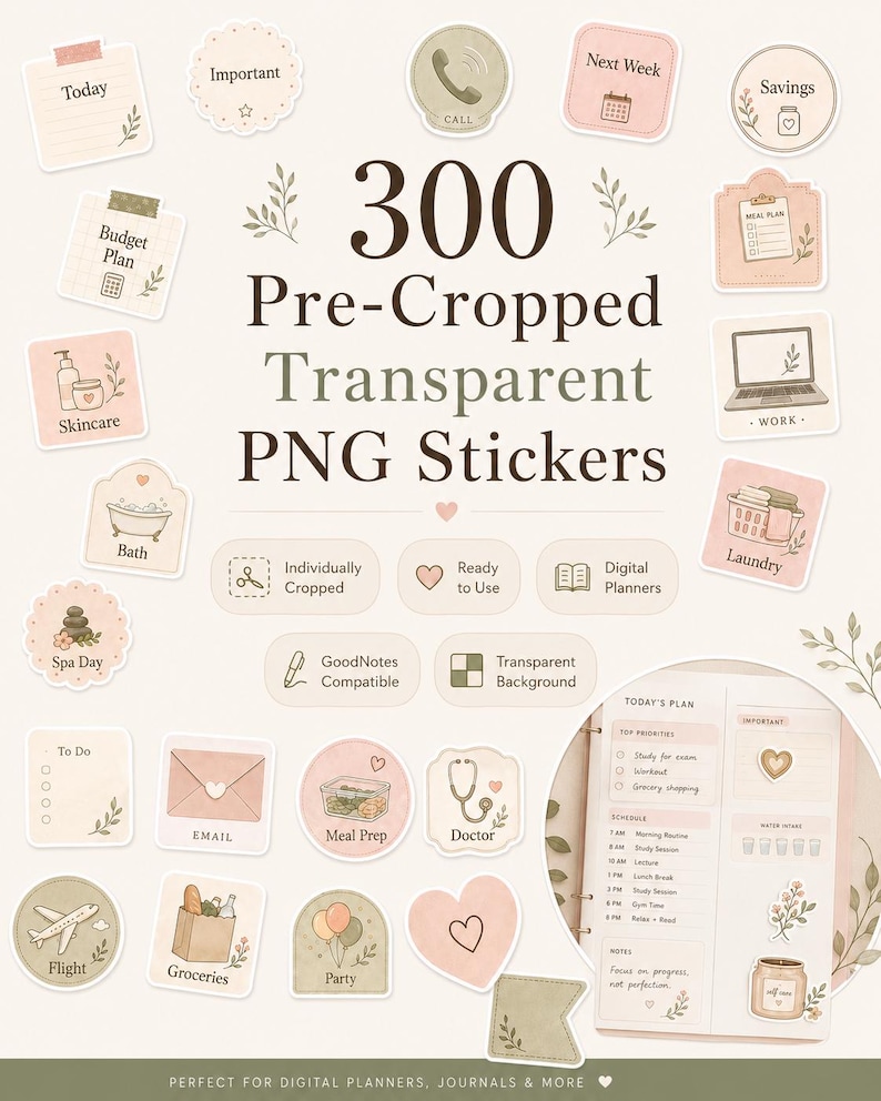 300 pre-cropped transparent PNG stickers for digital planners, journals, GoodNotes, and everyday organization.