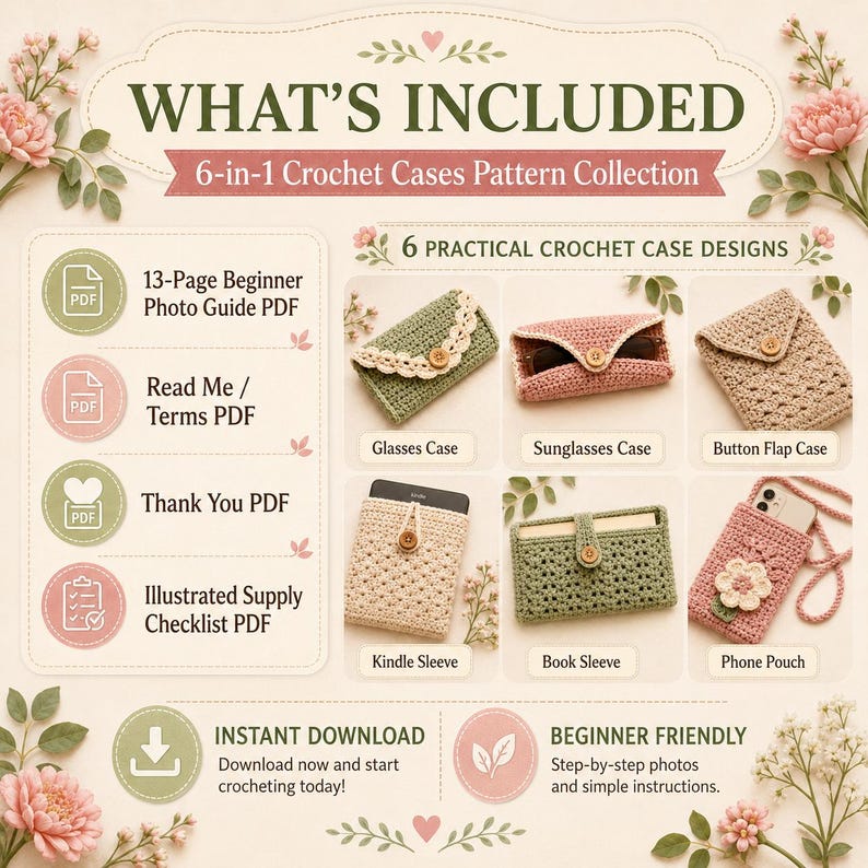 What’s included image for 6-in-1 crochet cases pattern with 13-page beginner photo guide PDF, read me terms, thank you PDF, and supply checklist.
