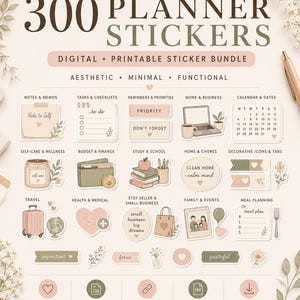 300 neutral digital planner stickers bundle with aesthetic minimal functional icons for GoodNotes, printable planners, and digital planning.