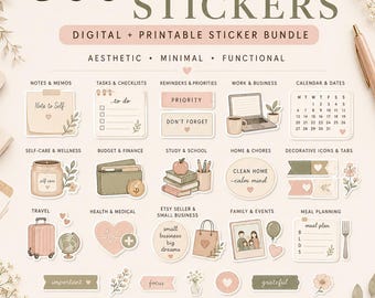 May include: A digital and printable planner sticker bundle with 300 stickers. The design is aesthetic, minimal, and functional. Includes stickers for notes, tasks, reminders, work, calendar, self-care, budget, study, home, travel, health, Etsy sellers, family, and meal planning.