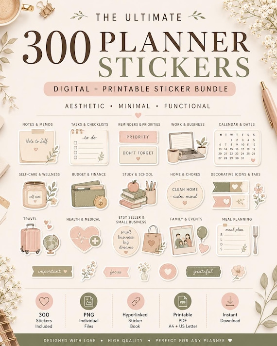 300 Neutral Digital Planner Stickers, GoodNotes Stickers, Pre-Cropped PNG Icons, Printable Stickers, Aesthetic Functional Sticker Bundle