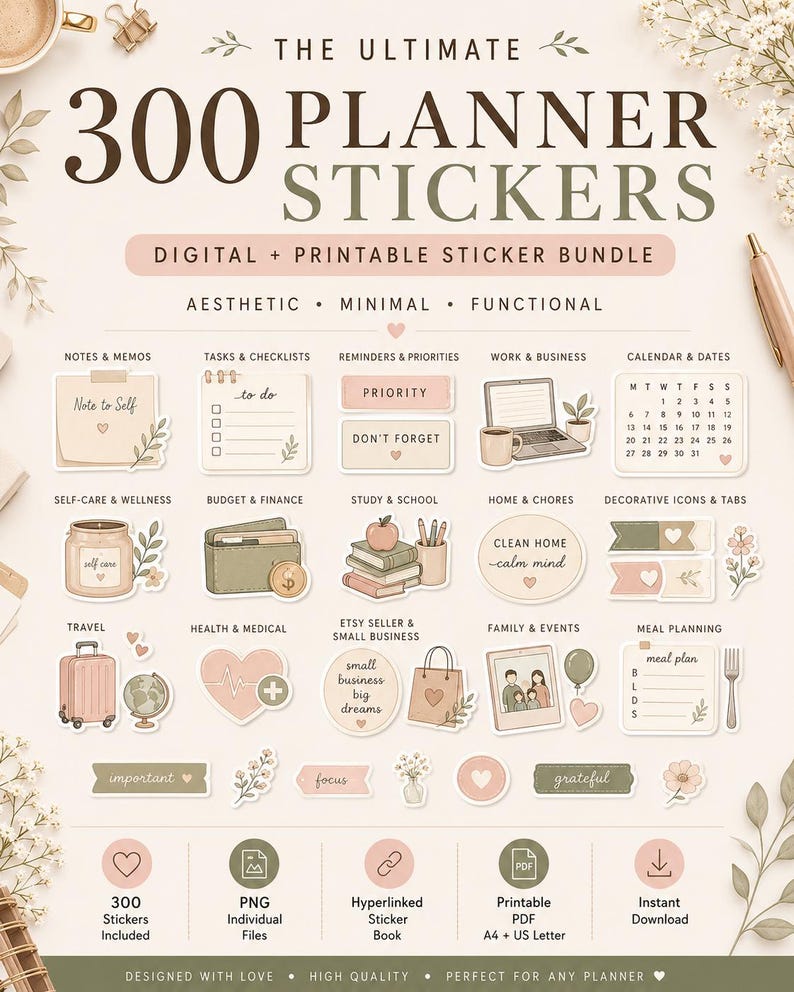 300 neutral digital planner stickers bundle with aesthetic minimal functional icons for GoodNotes, printable planners, and digital planning.