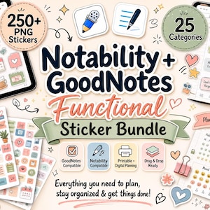 May include: Digital sticker bundle for Notability and GoodNotes, featuring 250+ PNG stickers. Includes stickers for planning, organizing, and achieving goals. The bundle is compatible with digital planning and offers drag and drop functionality.