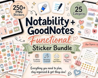 May include: Digital sticker bundle for Notability and GoodNotes, featuring 250+ PNG stickers. Includes stickers for planning, organizing, and achieving goals. The bundle is compatible with digital planning and offers drag and drop functionality.