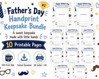 May include: A Father's Day handprint keepsake bundle featuring 10 printable pages with blue and yellow graphics including ties, trophies, mugs, glasses, and mustaches. The text reads Father's Day Handprint Keepsake Bundle, 10 Printable Pages, and US Letter + A4.