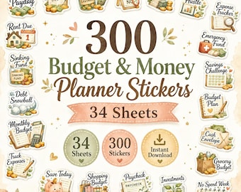 May include: A collection of 300 budget and money planner stickers across 34 sheets, featuring watercolor illustrations of financial icons like piggy banks, cash, coins, and calendars with text labels such as Payday, Debt Payoff, and Savings Jar.