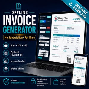 Offline Invoice Generator, Invoice Tracker Html Tool, Printable Invoice Maker, Payment QR Receipt Template