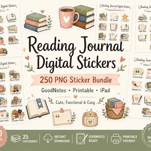 May include: A collection of digital stickers for reading journals. The stickers include images of books, coffee cups, and other reading-related items. The stickers are designed for use with GoodNotes on an iPad and are printable.